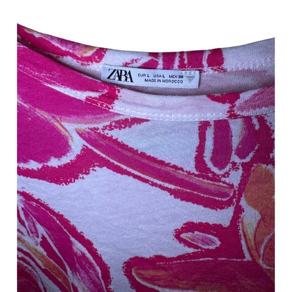 Zara Tshirt Floral Short Sleeve Pink and Orange L - Picture 2 of 3